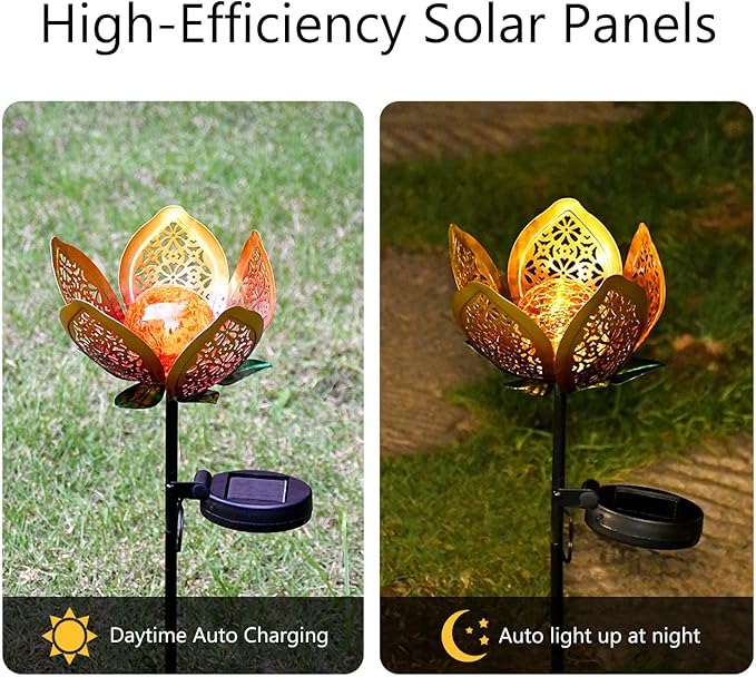 2Pack Solar Lights Outdoor Garden Decor, LED Lotus Flower Lamp, Metal Tulip - Image 4