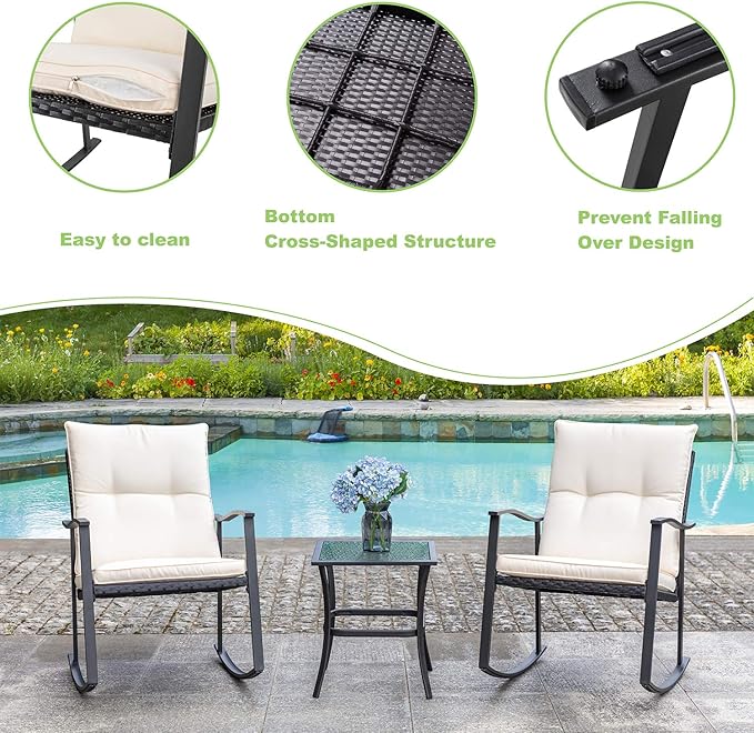 Vongrasig 3 Piece Outdoor Rocking Chair Set, PE Wicker Rattan Small Bistro Set - Image 4