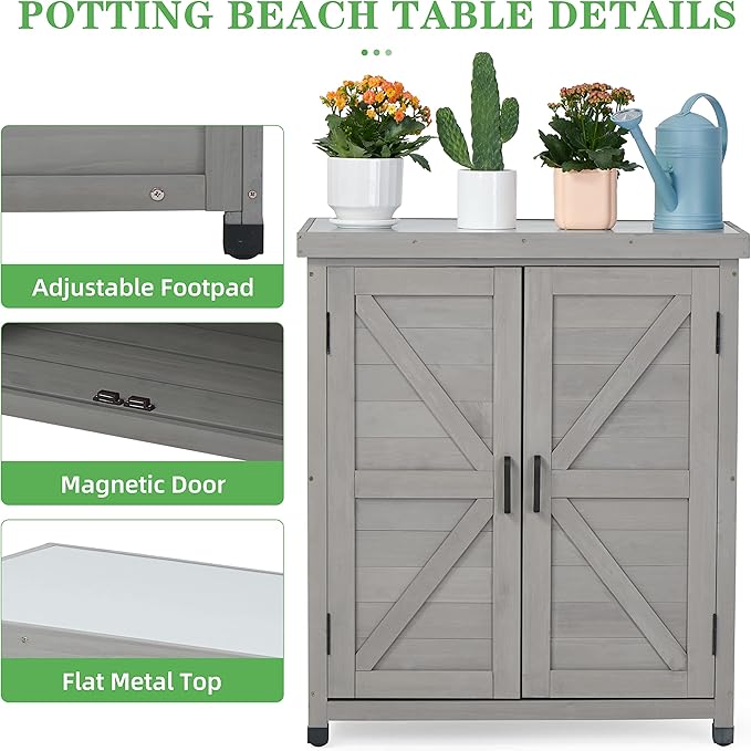 Outdoor Potting Bench with Storage Cabinet and Metal Top, Wood Workstation - Image 3