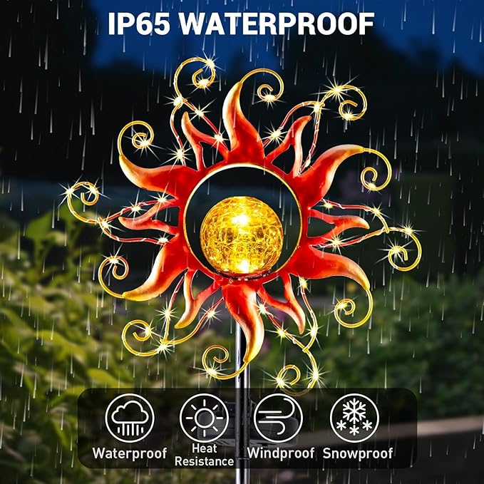 Solar Lights Outdoor Waterproof Red Sun Metal Crackle Glass Stake Decorative - Image 5