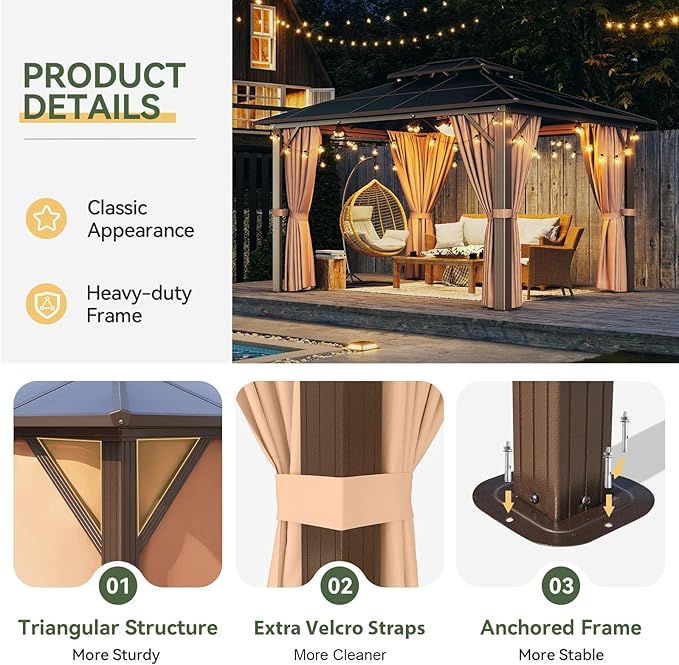 Aoxun 10'x12' Hardtop Gazebo, Aluminum Frame Permanent Pavilion - Image 5