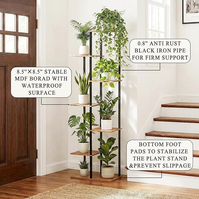 Plant Stand Indoor 7 Tier 8 Potted Metal Wood Plant Shelf, Rustic Brown - Image 3