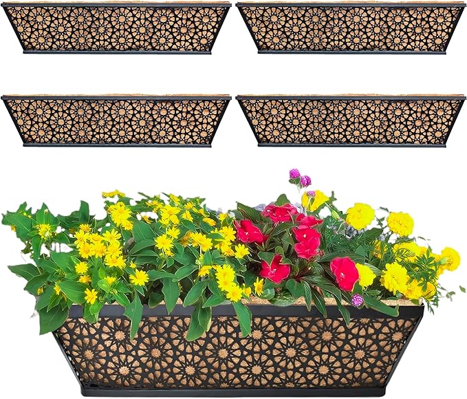 4 Pack 24" Railing Planter Window Box Deck Balcony Rail Planter Black Metal by EIMQUVW