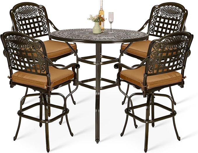 VIVIJASON 5-Piece Outdoor Swivel Bar Stools Set, All Weather Cast Aluminum by VIVIJASON