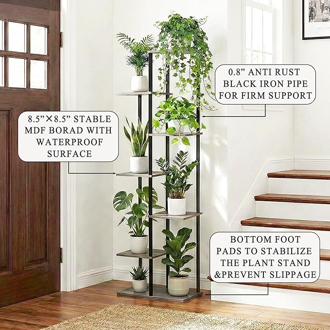 Plant Stand Indoor 7 Tier 8 Potted Metal Wood Plant Shelf, Oak Grey - Image 3