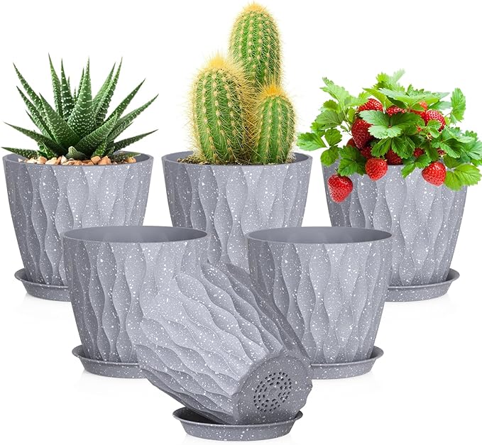 5 inch Plant Pots for Indoor Outdoor Plants, 6 Pack Thick Flower Pots by Meowell