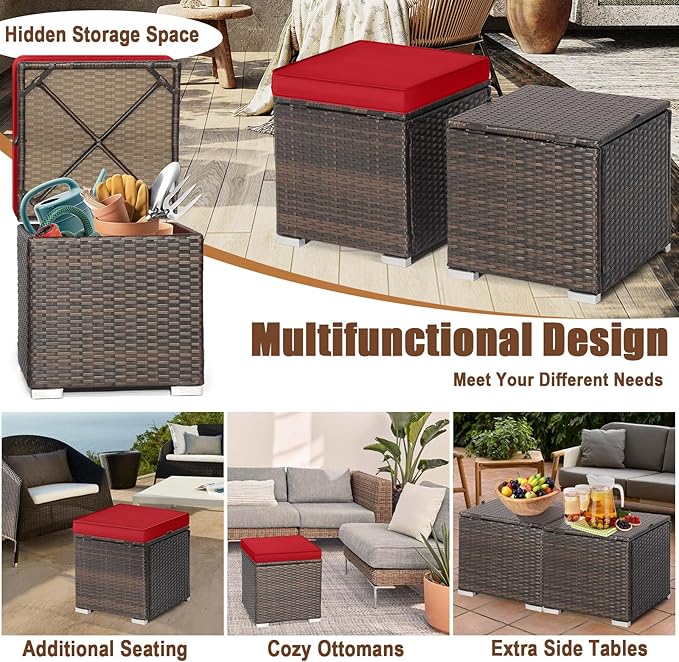 RELAX4LIFE Wicker Outdoor Storage Ottoman, 2-Piece Rattan Footstool w/Removable - Image 7