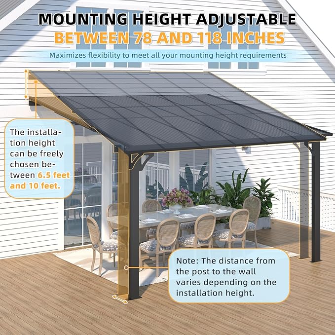 AECOJOY 10' x 12' Adjustable Height Outdoor Lean to Gazebo Pergola - Image 2