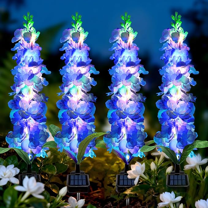 Solar Garden Lights, Solar Blue Delphinium Flowers Lights 4 Pack 80 LEDs by MRHEPHAESTUS