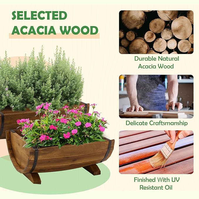 IDZO Solid Acacia Wood Half Barrel Planters Outdoor Set of 2 Different Sizes - Image 3