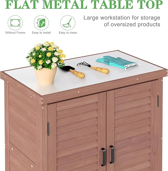 Outdoor Potting Bench with Storage Cabinet and Metal Top, Wood Workstation - Image 3