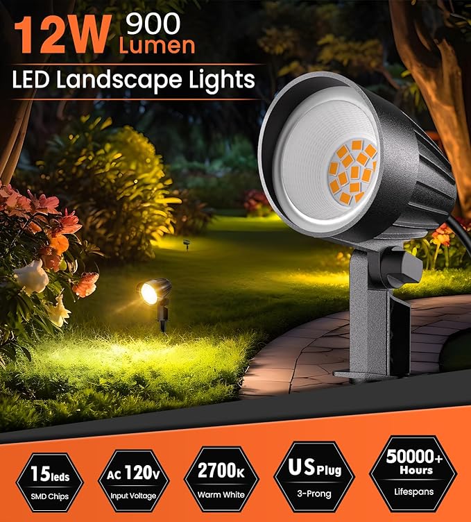 MEIKEE 12W Landscape Lighting, 120V 2700K Warm White LED Garden Lights - Image 2