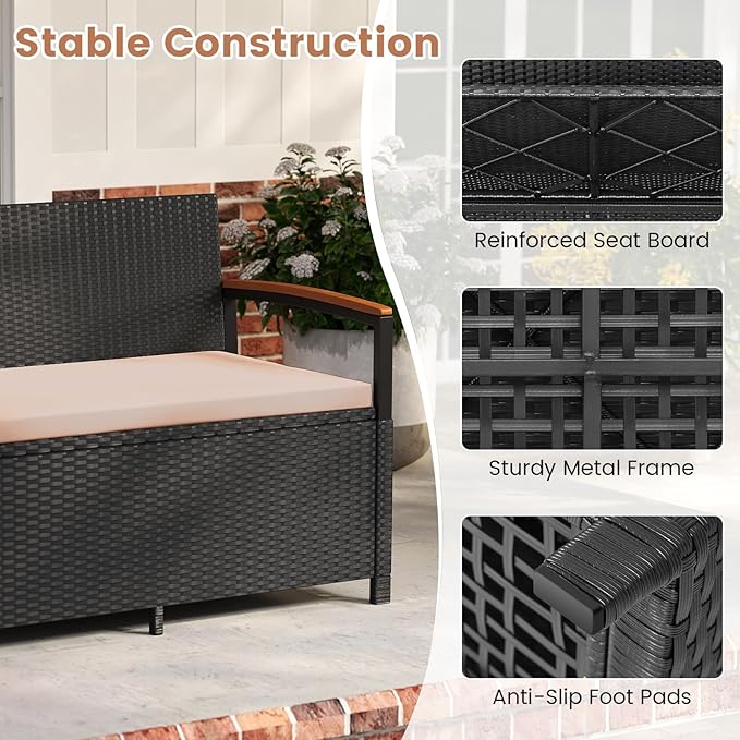 RELAX4LIFE Wicker Outdoor Storage Bench, Rattan Deck Box w/Protective Liner - Image 5
