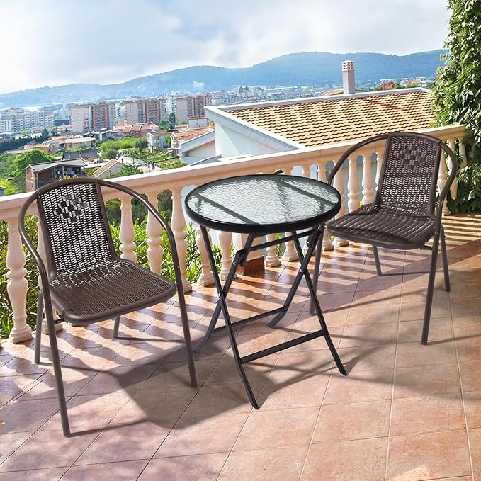 VINGLI PE Rattan Outdoor Dining Chairs Set of 2, Plastic Stackable Patio Chairs - Image 2
