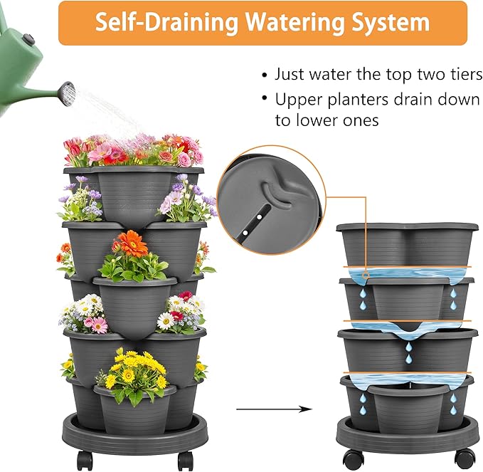 VECELO 5 Tier Vertical Garden Planter, Self Watering Stackable Planters - Image 3
