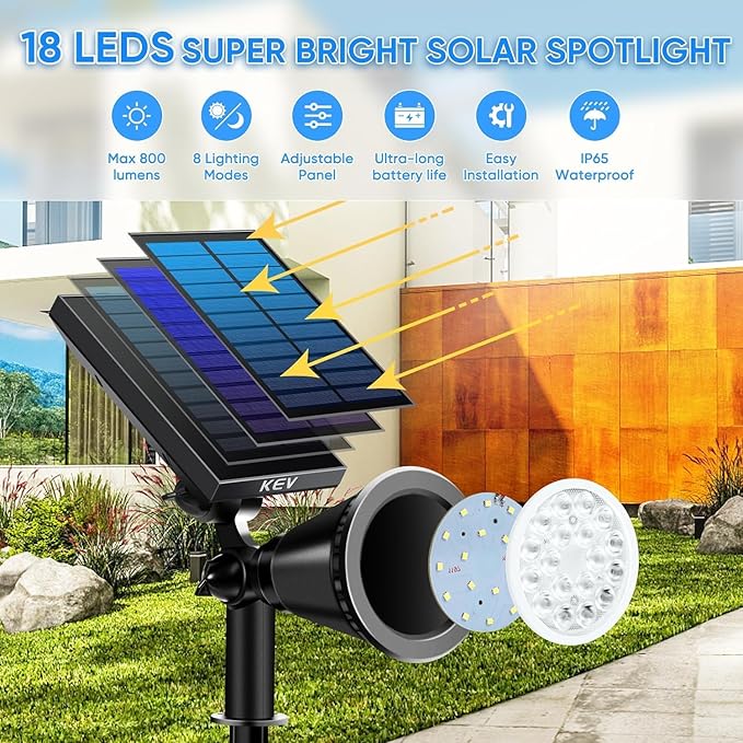KEV Solar Spot Lights Outdoor, 18 LEDs Color Changing RGB Solar Flood Lights - Image 2