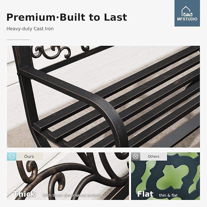 MFSTUDIO 50 Inches Outdoor Garden Bench, Cast Iron Metal Frame Patio Park Bench - Image 6