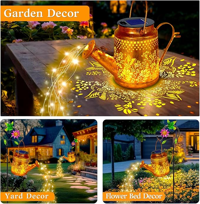 Solar Powered Hummingbird with Flowers Watering Can Lights Waterproof Outdoor - Image 5