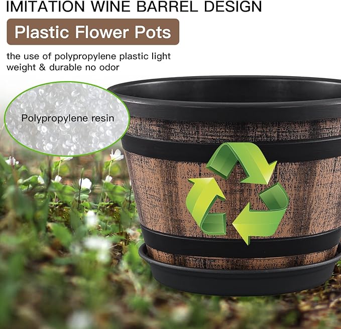 Quarut 3 Pack 10 inch Plant Pots, Whiskey Barrel Planters - Image 4