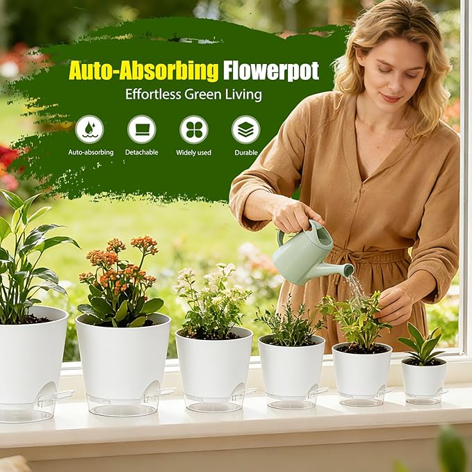 Plant Pots 4/5/5.5/6/6.5/7 Inch Self Watering Pots, 6 Pack Plastic Planters - Image 2
