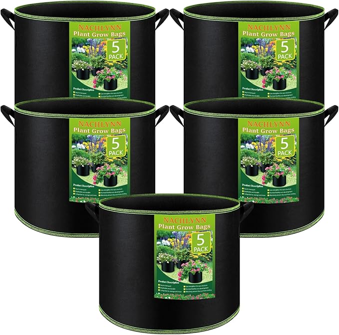NACHLYNN 5-Pack 5 Gallon Grow Bags Heavy Duty Aeration Fabric Pots by Createyourownlifestory