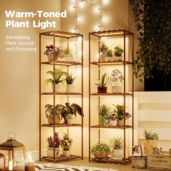 Bamworld Plant Stands with Grow Lights Sets of 2 Tall Plant Shelves - Image 2