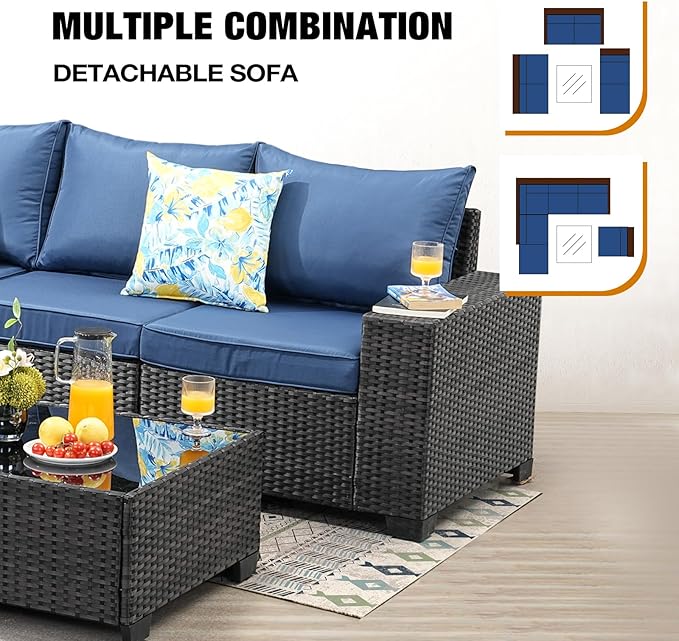 7 Pieces Patio Furniture Set All-Weather Outdoor Wicker Sectional Conversation - Image 6