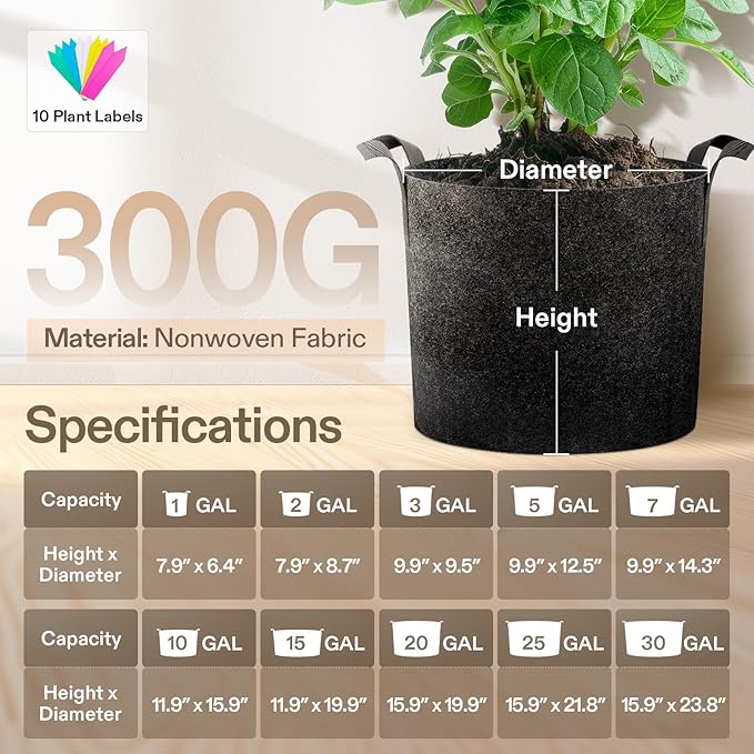 VIVOSUN 5-Pack 1 Gallon Heavy Duty Thickened Nonwoven Fabric Pots Grow Bags - Image 9