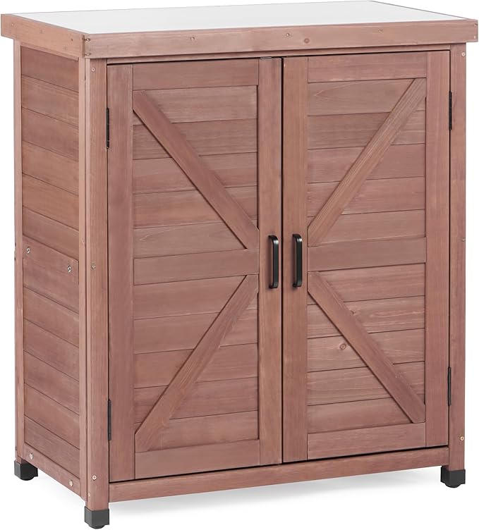 Outdoor Potting Bench with Storage Cabinet and Metal Top, Wood Workstation by Wood-Natrl