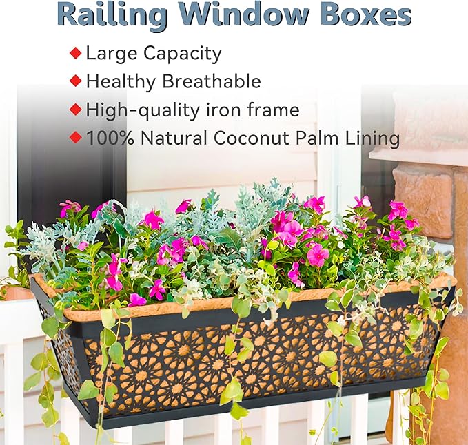 4 Pack 24" Railing Planter Window Box Deck Balcony Rail Planter Black Metal - Image 2