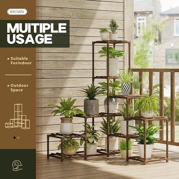 Bamworld Plant Stand Indoor Corner Plant Shelf Wood Plant Holder 13 Pots - Image 2