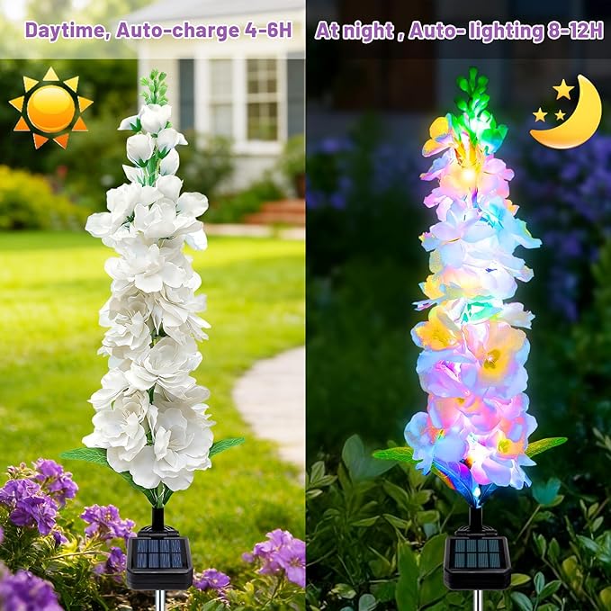 Solar Garden Lights, Delphinium Flowers 2 Pack 40 LEDs, Waterproof Outdoor - Image 3