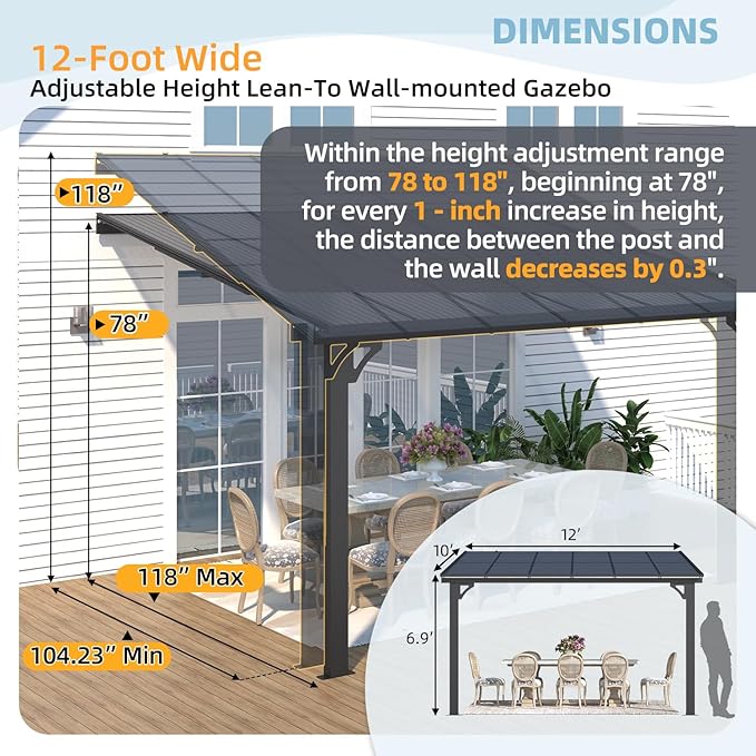 AECOJOY 10' x 12' Adjustable Height Outdoor Lean to Gazebo Pergola - Image 3