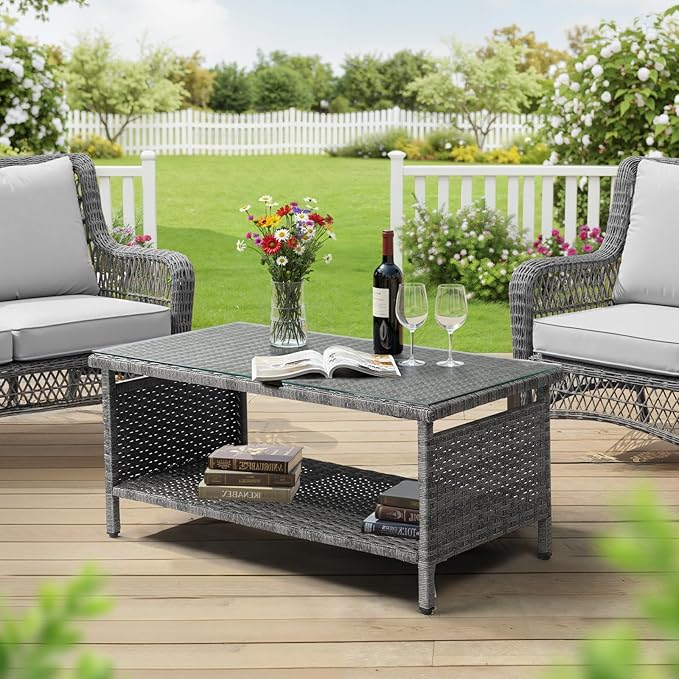VINGLI Outdoor Wicker CoffeeTable Patio Coffee Tables - Image 5