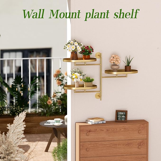 Window Rotating Plant Stand Shelf Indoor Gold Metal Floating Shelves 3-Tier - Image 7