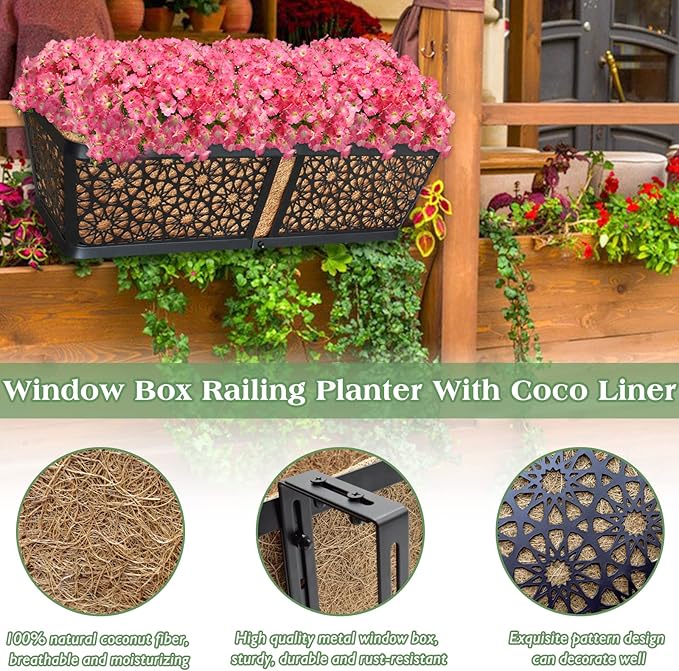 ZeeDix 3 Pack Metal Window Box for Railings, 24 Inch Over Railing Planter Boxes - Image 2