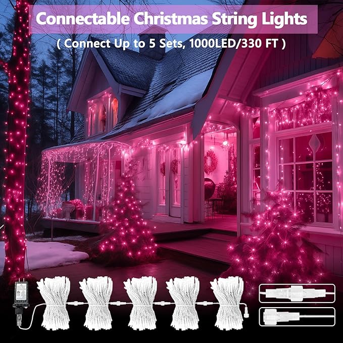 Upgraded Connectable 200 LED String Lights Indoor Outdoor, 66FT Pink Christmas - Image 2