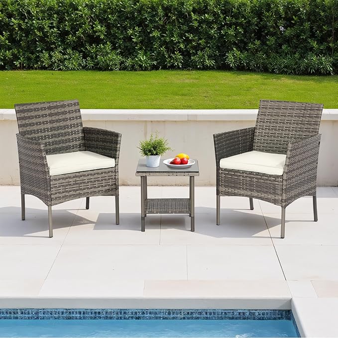 FDW | 3-Piece Patio Furniture Set | Gray & Khaki | Outdoor Wicker Furniture - Image 2