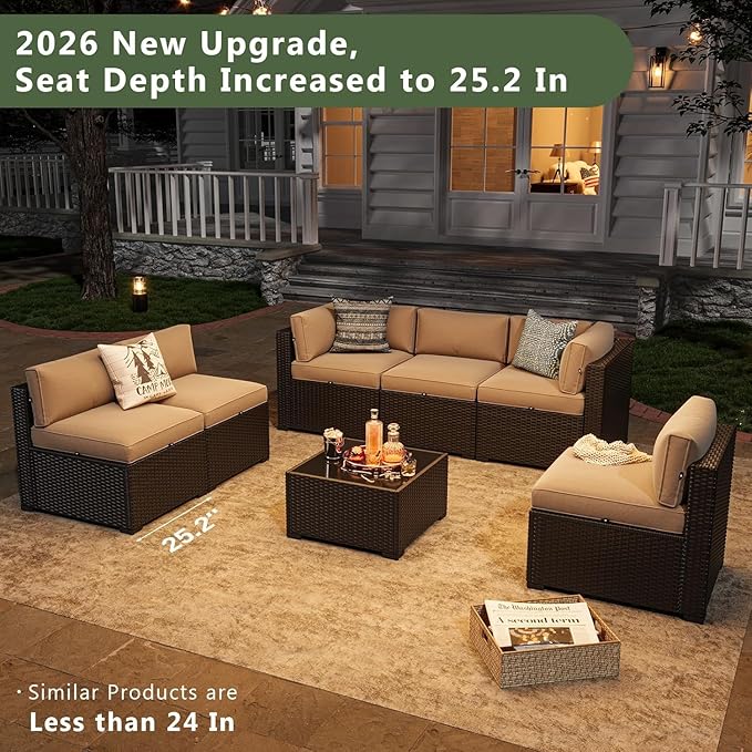 Aoxun 7 Piece Patio Furniture Set, Wicker Rattan Patio Sectional Sofa, Outdoor - Image 5