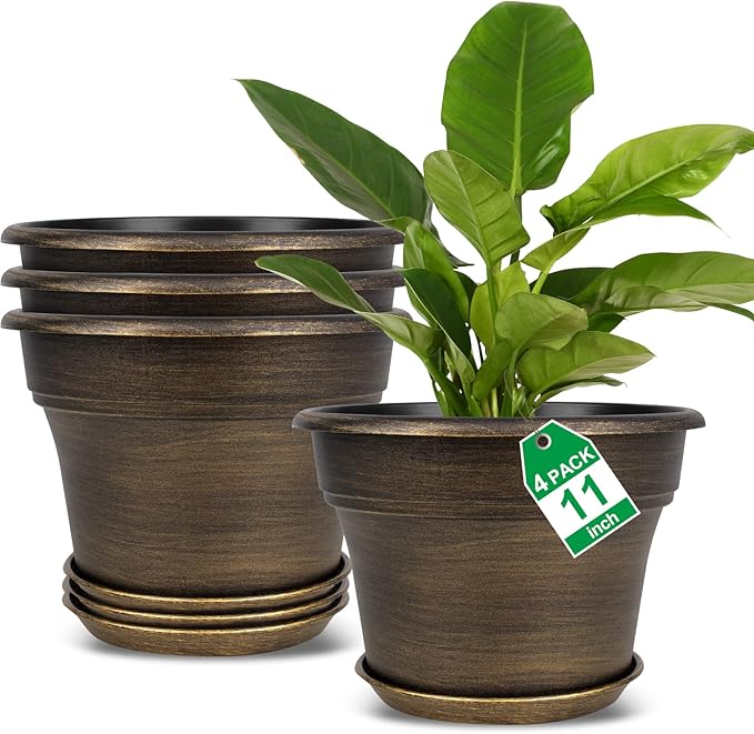 Plant Planters Pots Set of 4 Pack 11 Inch, Plastic Flower Pot by Fodetyff