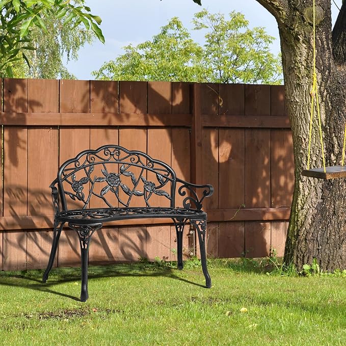 VINGLI 38.5" Patio Park Garden Outdoor Metal Rose Bench, 2-Person Cast Iron - Image 7
