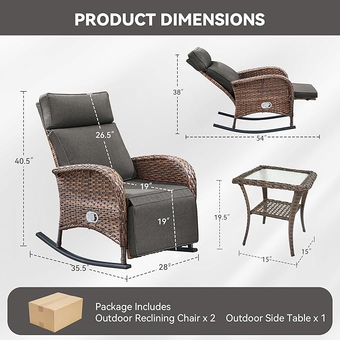 3 Pieces Zero Gravity Wicker Patio Rocking Recliner Chairs Set of 2 - Image 2