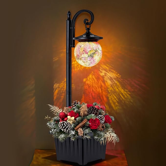 Solar Lamp Post Light with Planter, Matte Black Outdoor Flower Pots with Mosaic by YonaveilLighting