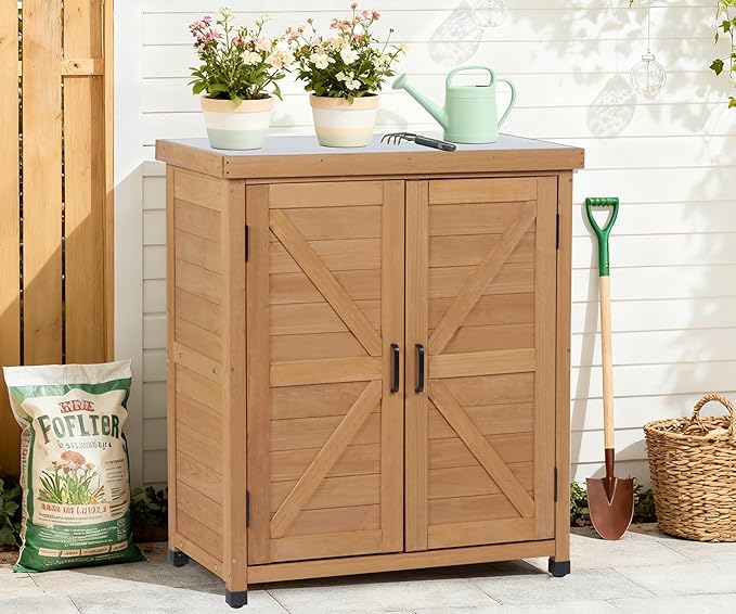 Outdoor Potting Bench with Storage Cabinet and Metal Top, Wood Workstation - Image 8