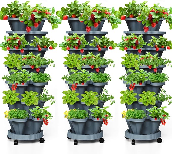 7 Tiered Strawberry Vertical Planter Tower Garden 3 Pack, Stackable Planter by Tectsia