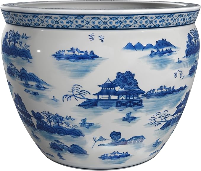 Red Lantern 14" Landscape Blue & White Porcelain Fishbowl Planter or Cachepot - Image 6