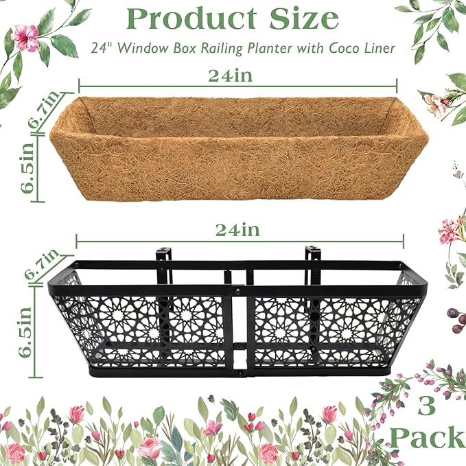 ZeeDix 3 Pack Metal Window Box for Railings, 24 Inch Over Railing Planter Boxes - Image 3