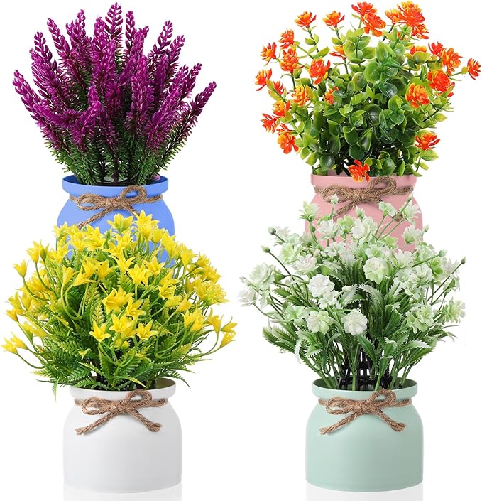 Cindeer 4 Pcs Large Artificial Potted Flowers Fake Potted Plants Plastic Faux by Cindeer