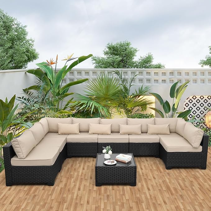 9 Pieces Outdoor Sectional All-Weather Wicker Patio Furniture Set Patio by Rattaner