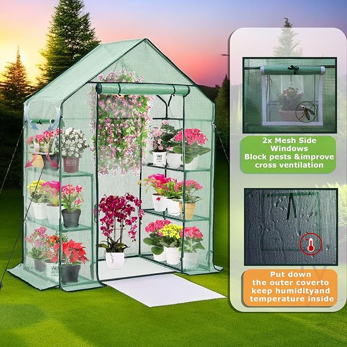 Walk-in Greenhouse for Outdoors w/ Mesh Side Windows, 3 Tiers 6 Shelves PE - Image 3